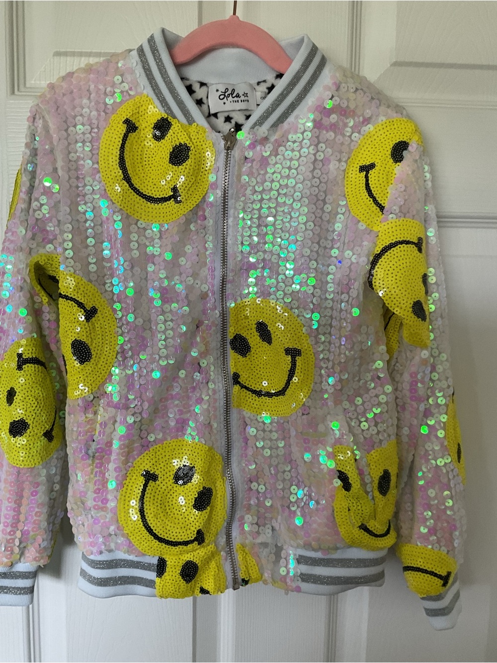 Lola Sequin Bomber Jacket with Yellow Smiley Appliqués Size 8 new
